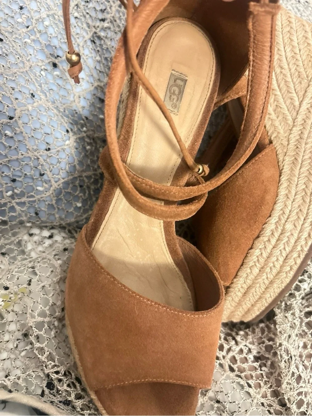 UGG Women's Regan Chestnut Suede Lace-Up Open-Toe Wedge Sandals - Picture 2 of 4